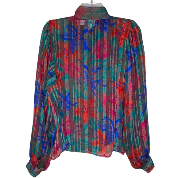 Vintage Colorful Floral Satin Striped Studio Retro Poet Blouse Holiday Top (M) - Picture 8 of 10